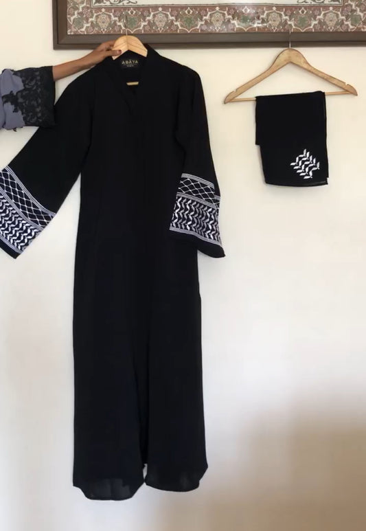 Keffiyah Embroidered Buttoned Abaya (Ready To Ship)
