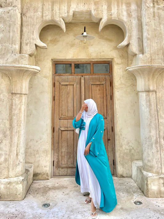 2 Piece Abaya with Delicate Handworked Sleves in Cyan