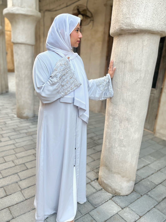 Buttoned Abaya with Delicately Handworked Sleeves  In Fog Grey (Pre-Order)
