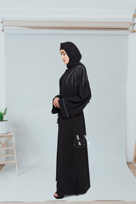 Embellished Shoulder Abaya with front buttons ( Pre - Order )