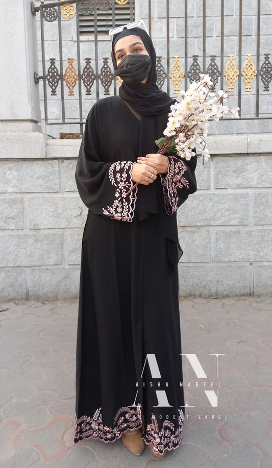 Black buttoned Abaya with Delicate pink embroidery ( Pre -Order )